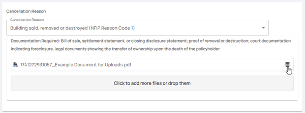 Remove documents from the cancellation submission by clicking the Trash Can icon.