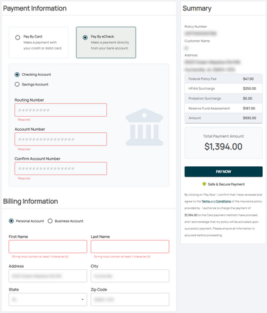 Electronic check option. Required fields are outlined in red.